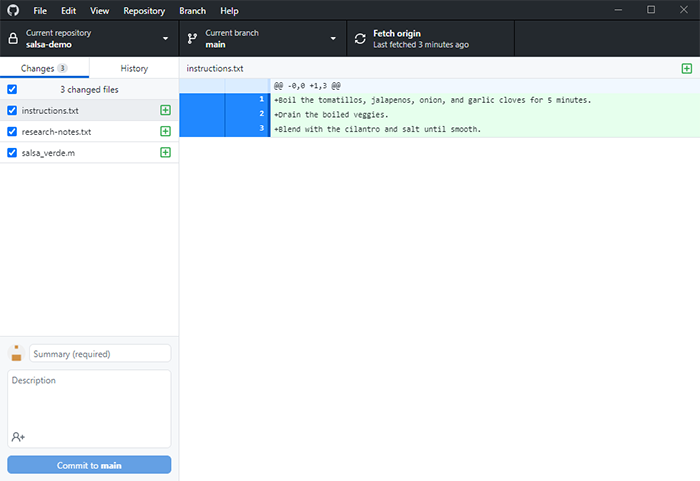Github Desktop shows the addition of three files: 1. ingredients.txt, 2. research-notes.txt, and 3. salsa_verde.m.